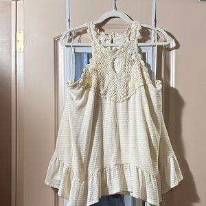 Maurices Cream Crochet Halter Ruffle Tank